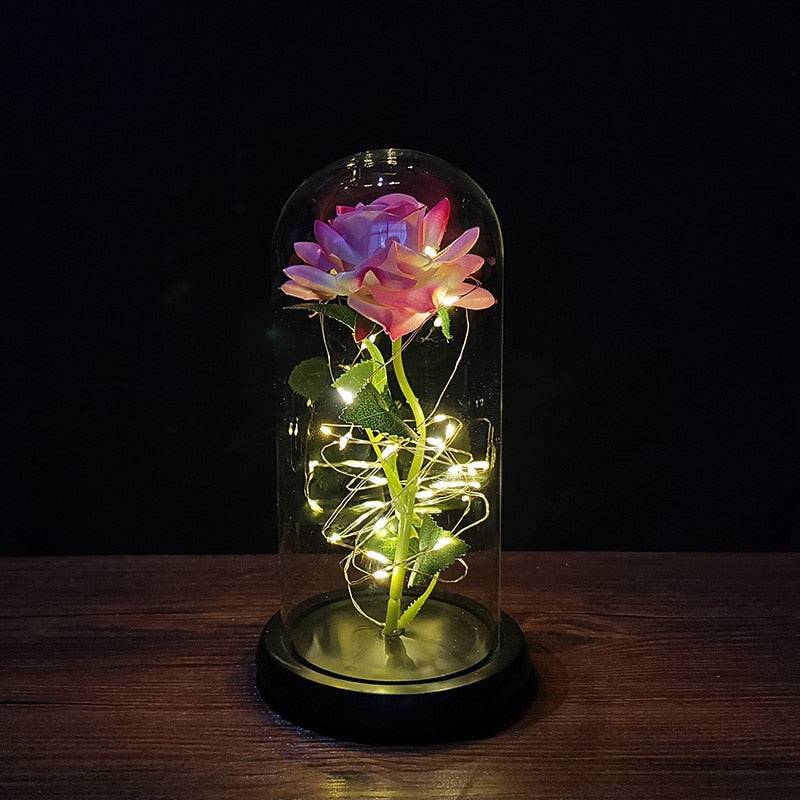 Valentines Day Gift Eternal Rose LED Light Foil Flower In Glass Cover