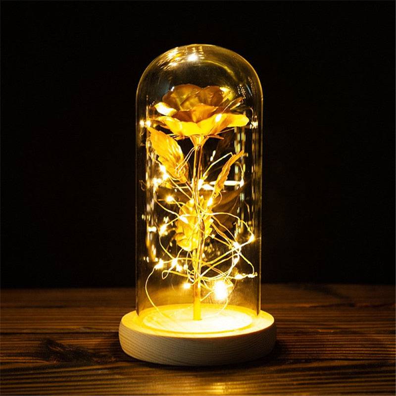 Valentines Day Gift Eternal Rose LED Light Foil Flower In Glass Cover