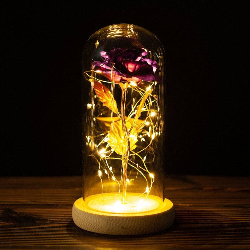 Valentines Day Gift Eternal Rose LED Light Foil Flower In Glass Cover