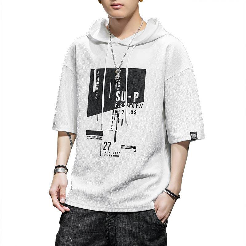 Hooded crew neck half-sleeved sweater