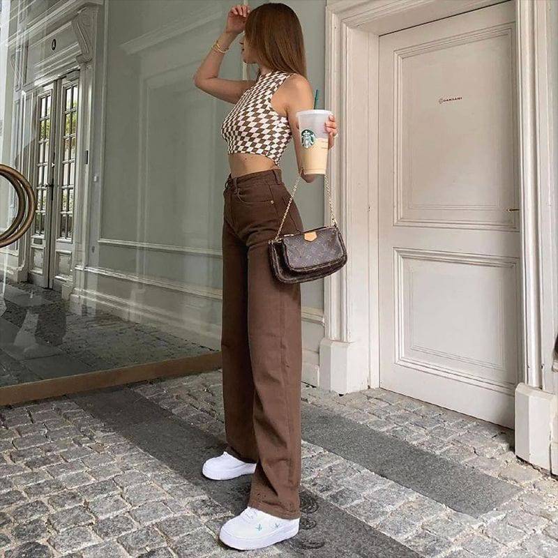 Brown Jeans Retro American Solid Colour